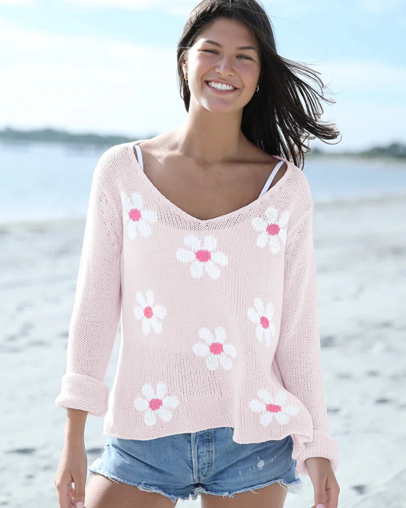 Mini Daisy V Cotton Sweater - Caprice Pink | Wooden Ships