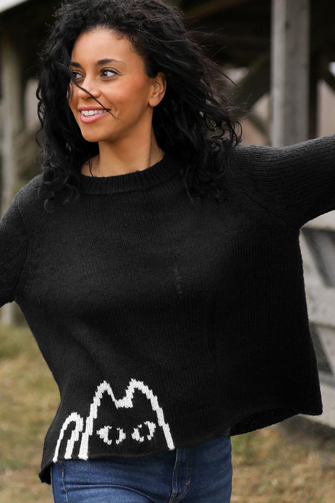 Women's Black Cat Distressed Crew Sweater's | Wooden Ships Knits