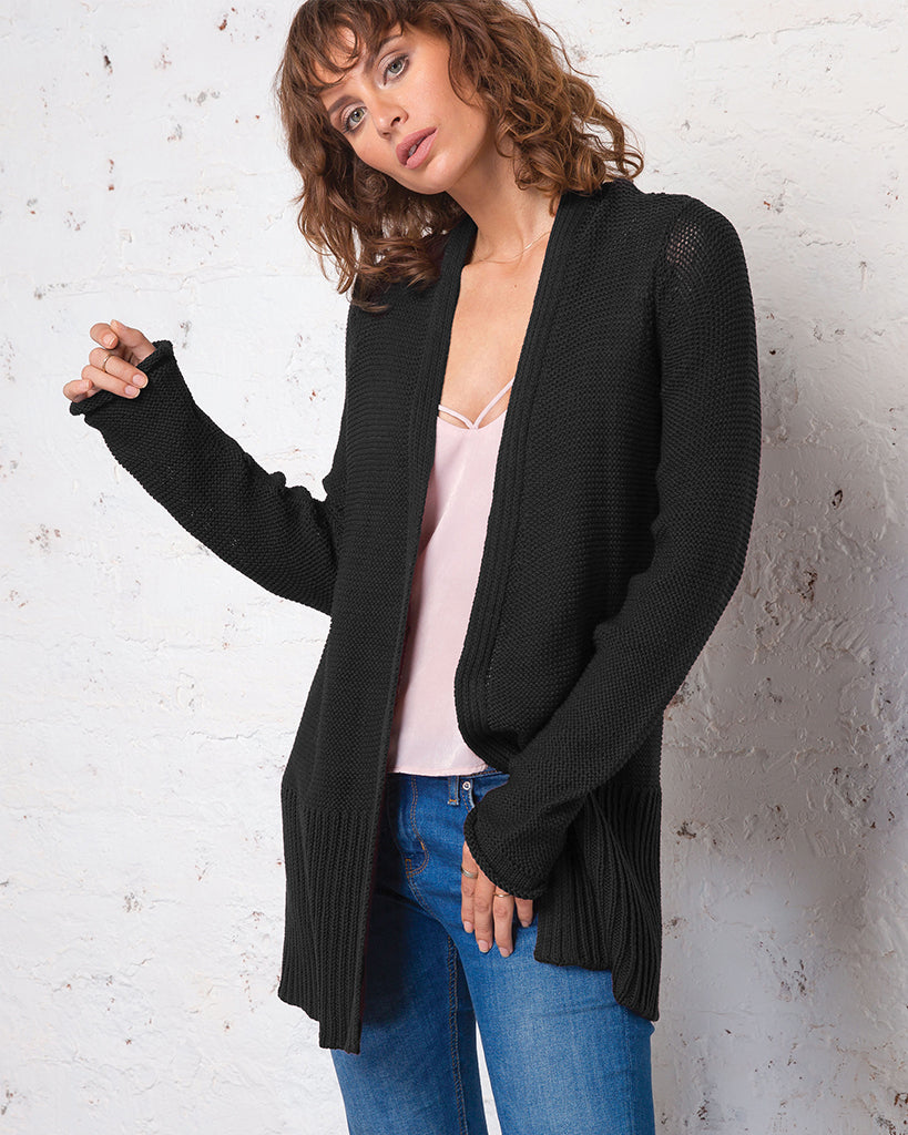 Wooden Ships Black White Knit Open Front Cardigan S/M
