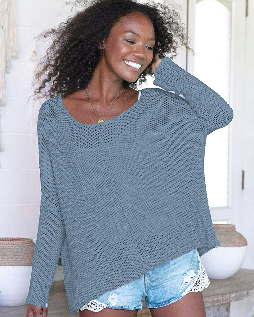 Key West Chunky Crew Cotton Sweater - Azure Slate | Wooden Ships