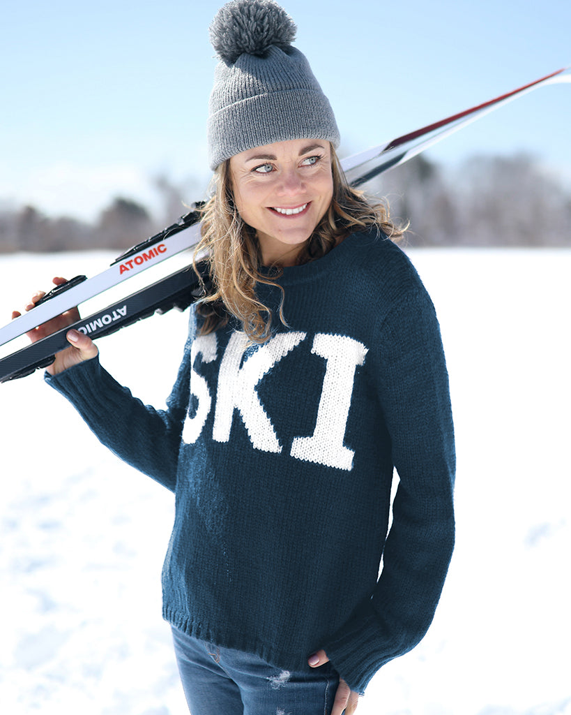 Ski Pullover Chunky Crewneck Women s Knitted Sweater Wet Navy Pure Snow M L 10 12 Wooden Ships Knits
